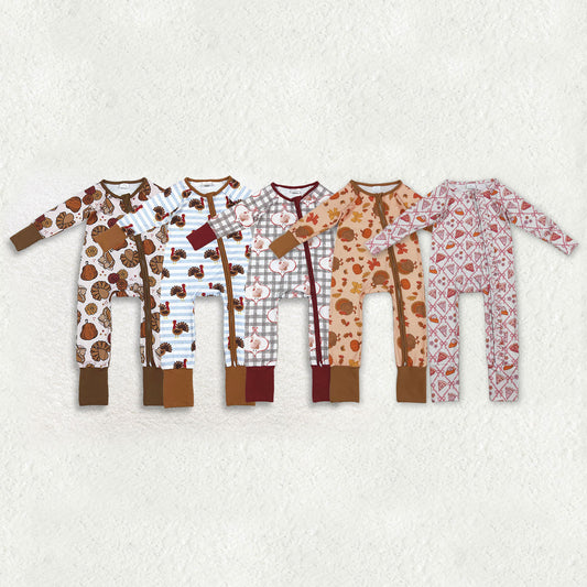 Sibling Baby Boys Girls Long Sleeves Thanksgiving Two Way Zip Convertible Rompers