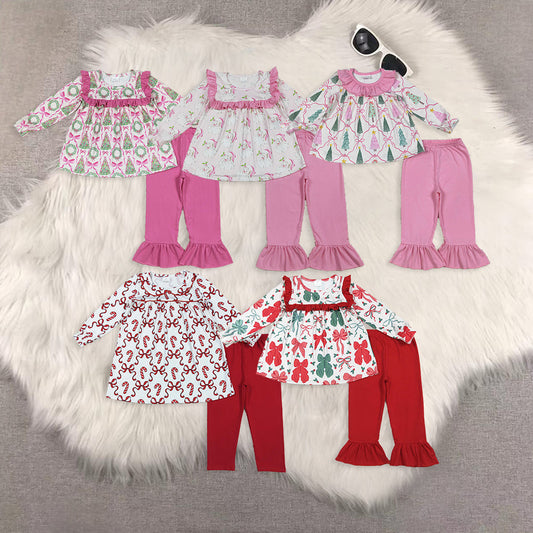 Sibling Baby Girls Long Ruffle Sleeves Holly Santa Plaid Tunic Pants Christmas Set