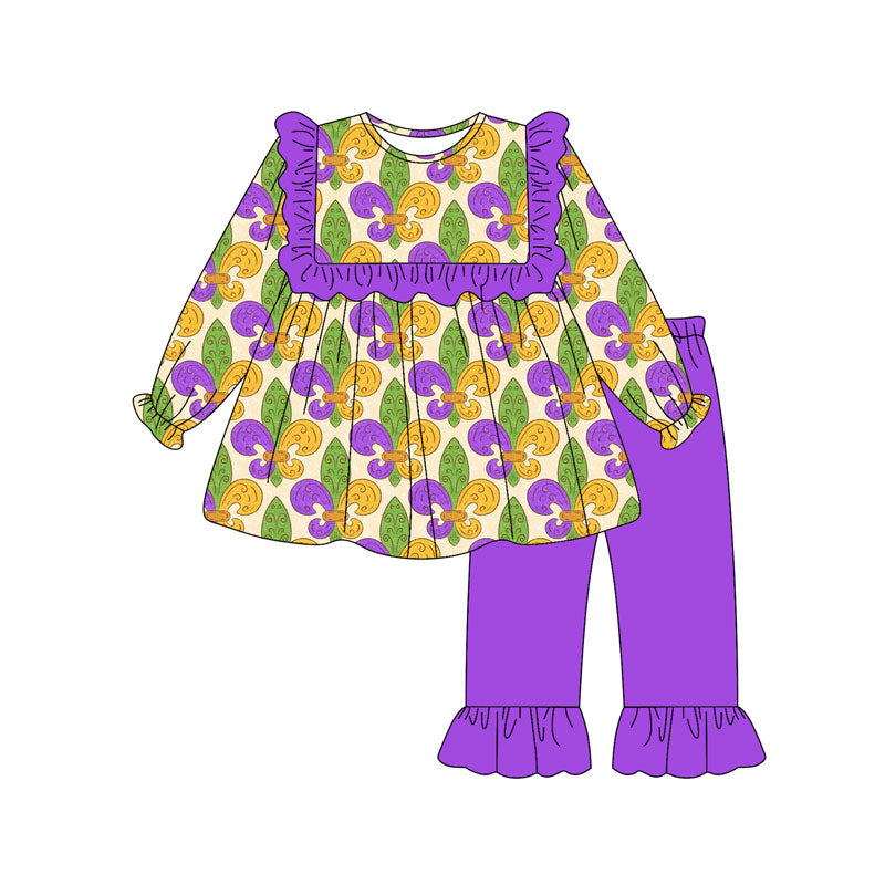 Preorder (moq 5)Baby Girls Purple Yellow Green Anchors Tunic Ruffle Pants Mardigras Clothes Sets