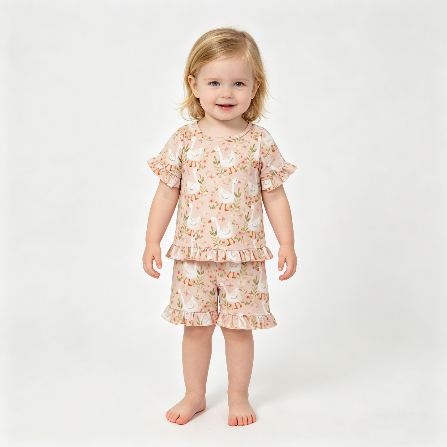 Baby Girls Flowers Gooses Top Ruffle Shorts Pajamas Clothes Sets