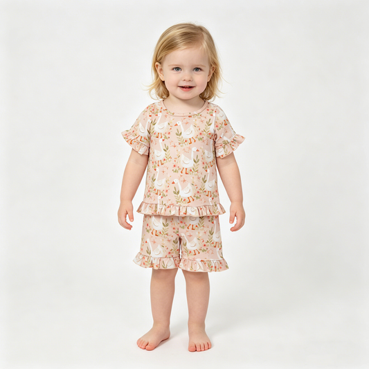 Baby Girls Flowers Gooses Top Ruffle Shorts Pajamas Clothes Sets