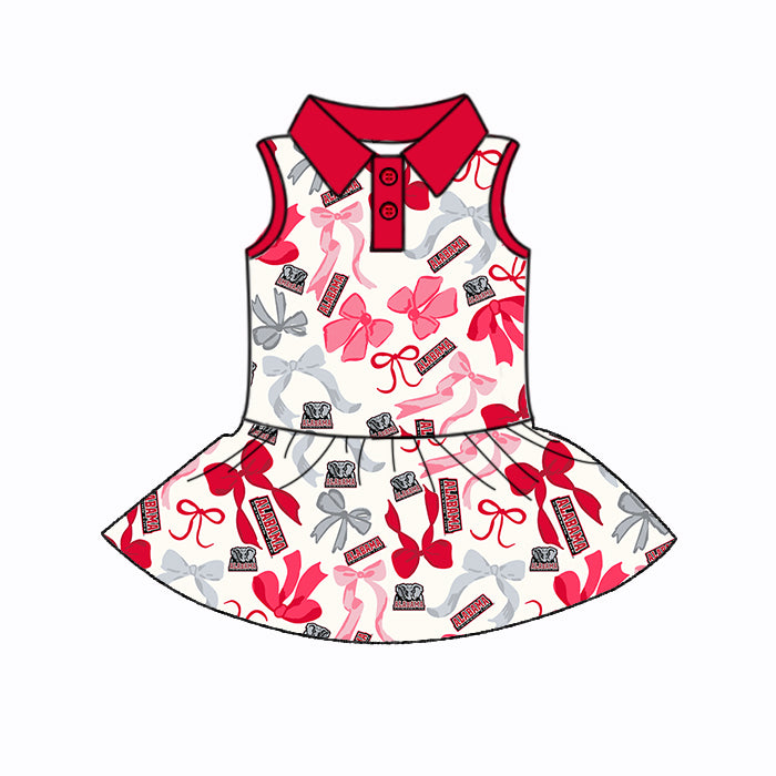 Preorder (moq 5)Baby Girls Sleeveless Red Bows Alabama Plaid Button Team Knee Length Dresses