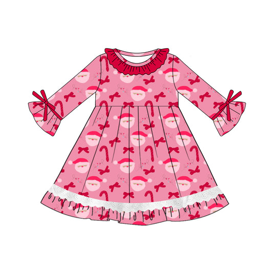 Preorder (moq 5)Baby Girls Long Ruffle Sleeves Santa Candy Cane Knee Length Dresses