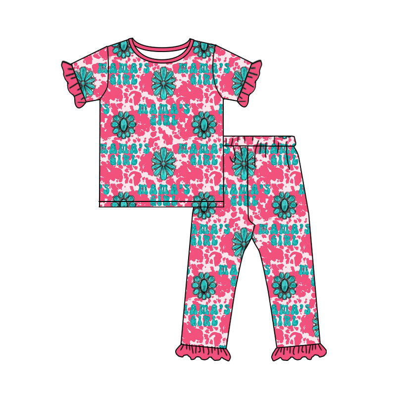 Preorder (moq 5)Baby Mama's Girl Turquoises Cow Print Top Ruffle Pants Western Pajamas Sets