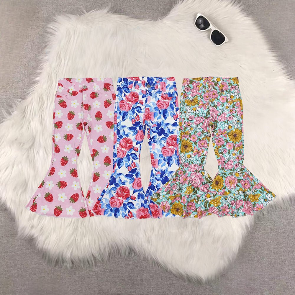 Sibling Baby Girls Floral Strawberry Bell Bottom Denim Jeans Pants