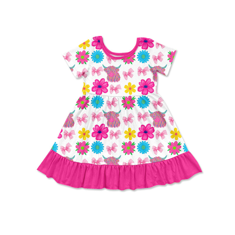 Preorder (moq 5)Baby Girls Highland Cows Flowers Western Ruffle Knee Length Dresses