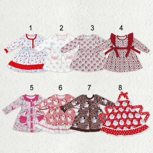 Sibling Baby Girls Santa Plaid Button Pockets Christmas Ruffle Knee Length Dresses
