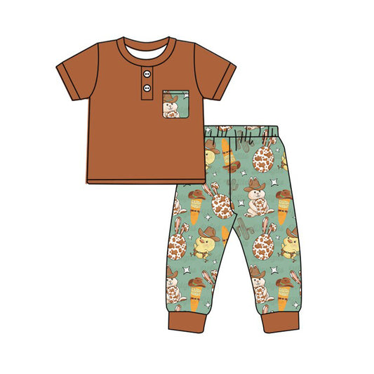 Preorder(moq 8)Baby Boys Button Pocket Top Carrots Rabbits Pants Easter Clothes Sets