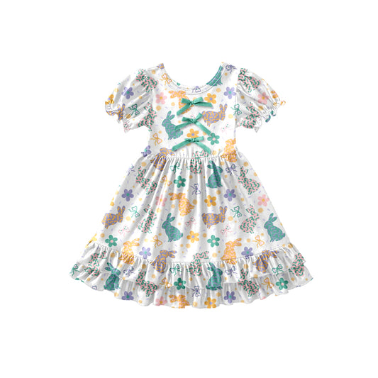 Preorder (moq 5)Baby Girls Leopard Rabbits Flowers Easter Ruffle Knee Length Dresses
