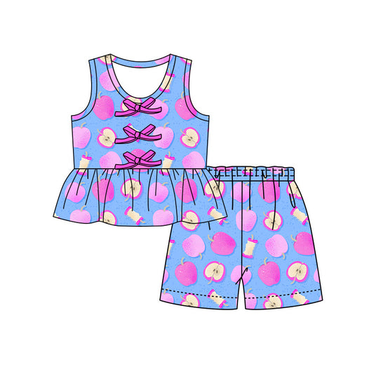 Preorder (moq 5)Baby Girls Apples Button Tunic Shorts Back to School Clothes Set