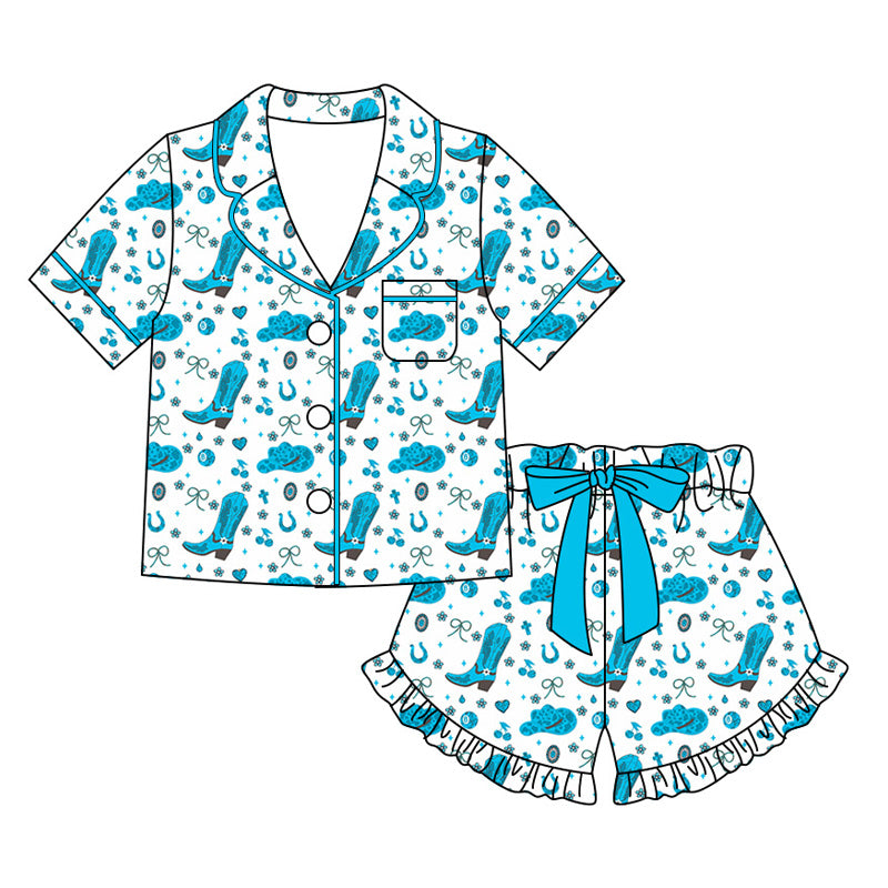 Preorder moq 5 Adult Women Hat Boot Hearts Button Pocket Top Ruffle Short Western Pajamas Sets