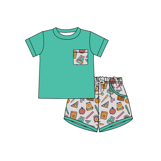 Preorder (moq 5)Baby Boys Shirts Apple Pencils Pockets Short Back to School Clothes Sets