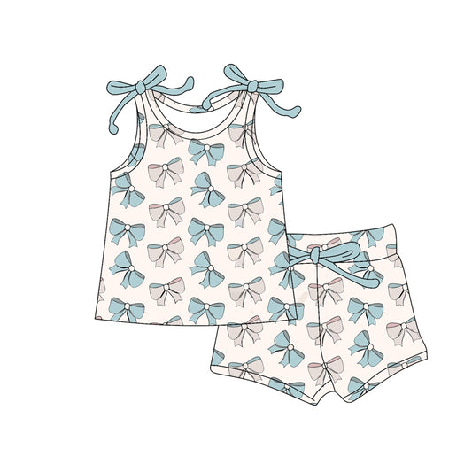 Preorder (moq 5)Baby Girls Blue Bows Plaid Top Shorts Clothes Sets