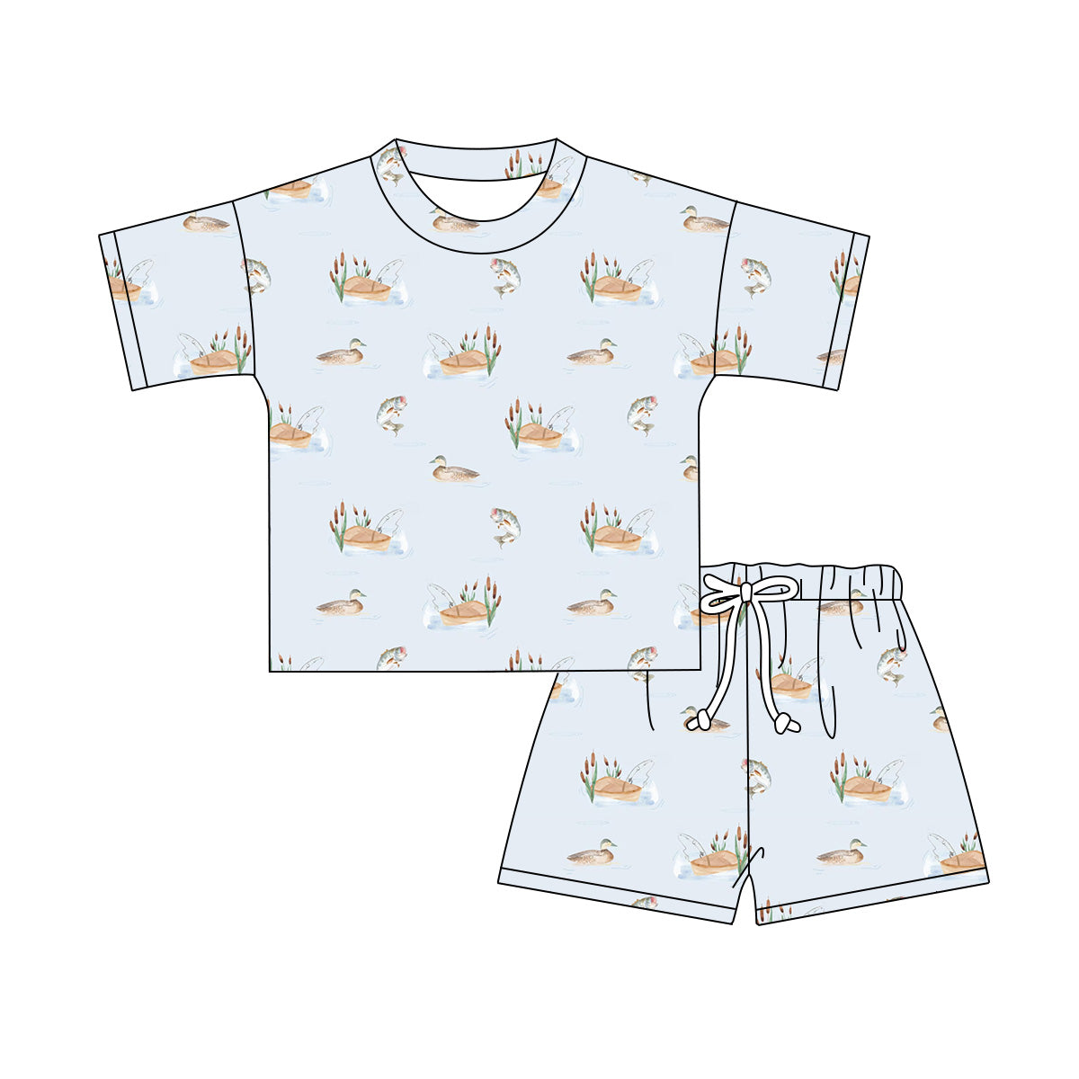 Preorder moq 5 Baby Girls Short Sleeve Ducks Fishes Top Short Hunting Clothes Sets