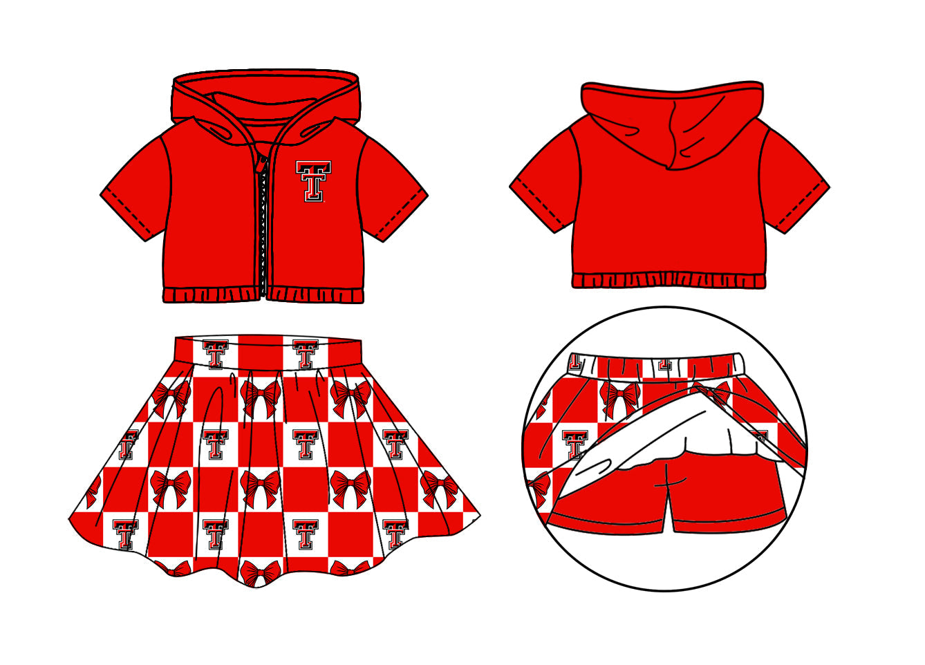 Preorder (moq 5)Baby Girls Red T Bows Zip Hoodie Jackets Skirt Short Team Clothes Sets