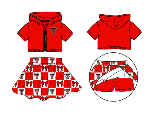 Preorder (moq 5)Baby Girls Red T Bows Zip Hoodie Jackets Skirt Short Team Clothes Sets
