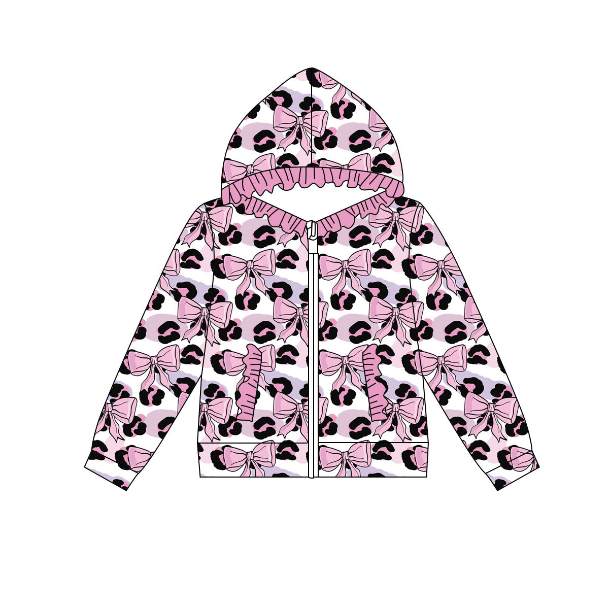 Preorder(moq 8)Baby Girls Pink Bows Leopard Camo Pocket Zipper Ruffle Hoodie Jackets