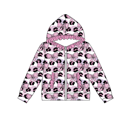 Preorder(moq 8)Baby Girls Pink Bows Leopard Camo Pocket Zipper Ruffle Hoodie Jackets
