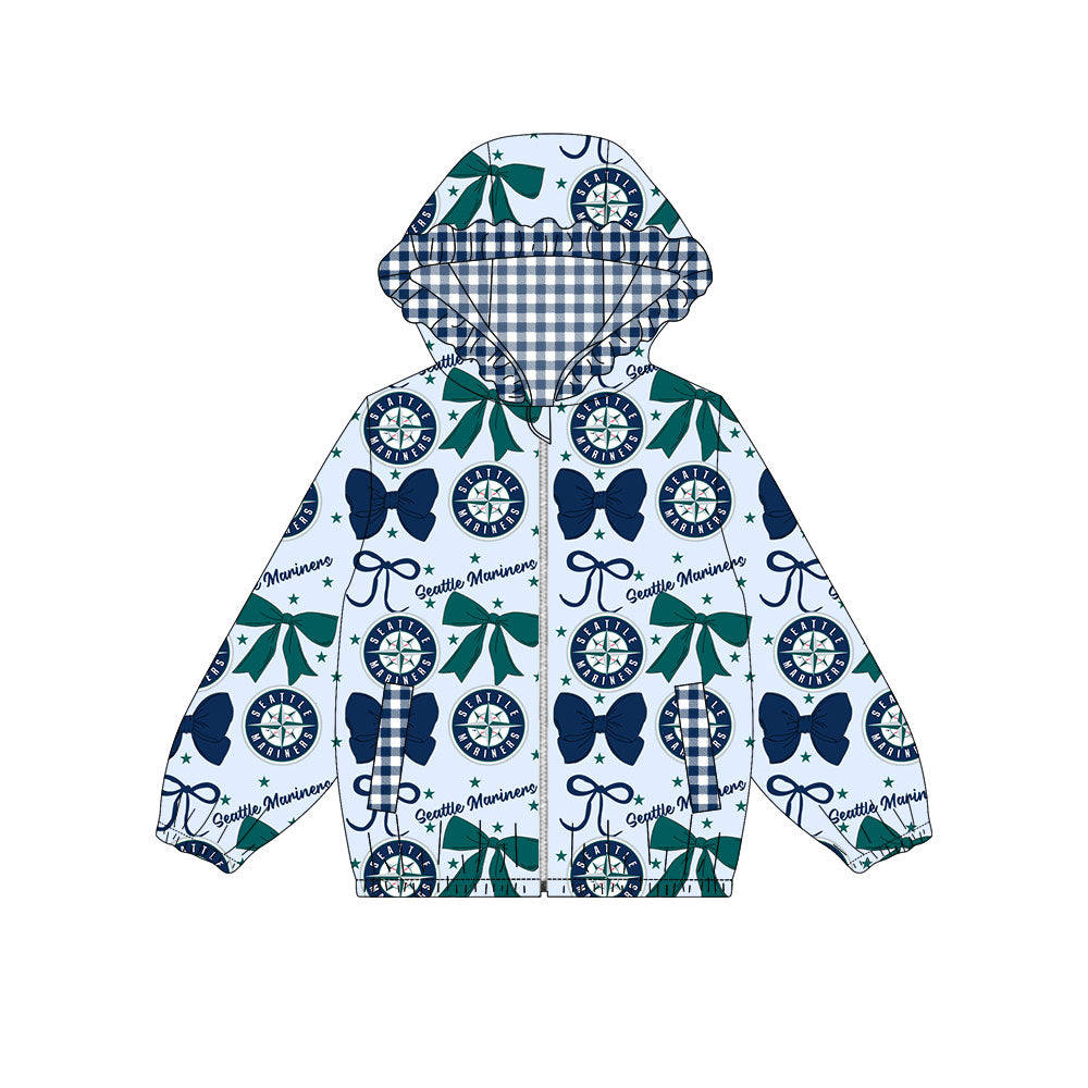 Preorder(moq 8)Baby Girls Green Navy Bows Seattle Pockets Zipper Team Ruffle Hoodies Jackets