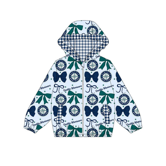Preorder(moq 8)Baby Girls Green Navy Bows Seattle Pockets Zipper Team Ruffle Hoodies Jackets