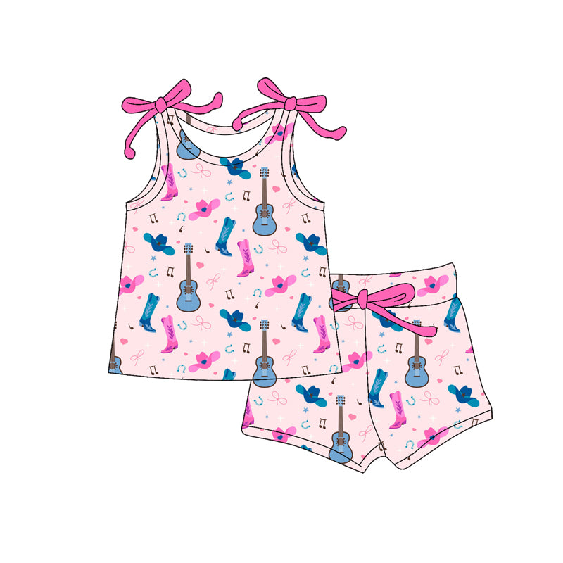 Preorder (moq 5)Baby Girls Hat Boots Guitars Top Shorts Western Clothes Set