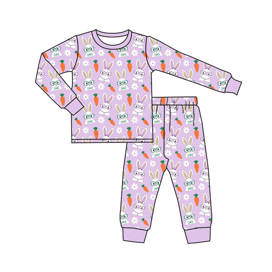 Preorder (moq 20)Baby Girls Bamboo Flowers Rabbits Carrots Easter Pants Pajamas Sets