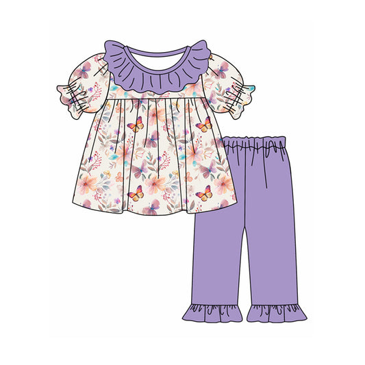 Preorder moq 5 Baby Girls Purple Short Sleeves Butterfly Tunic Ruffle Pant Set