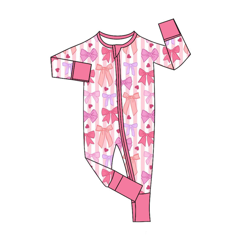 Preorder (moq 5)Baby Girls Pink Stripe Hearts Bows Valentines Two Way Zip Convertible Rompers