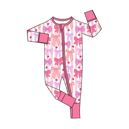 Preorder (moq 5)Baby Girls Pink Stripe Hearts Bows Valentines Two Way Zip Convertible Rompers