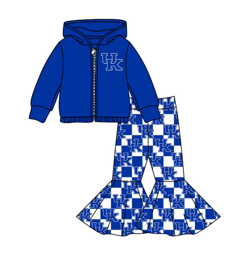 Preorder(moq 5) Baby Girls Blue UK Zipper Hoodie Jacket Bell Bottom Pants Team Clothes Sets