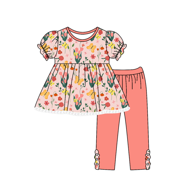 Preorder moq 5 Baby Girls Peach Short Sleeves Floral Butterfly Tunic Legging Pant Set