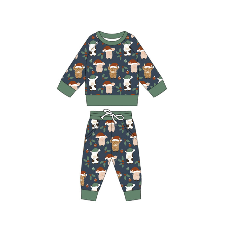 Preorder (moq 5)Baby Boys Navy Long Sleeves Highland Cows Top Pockets Pant Pajamas Set