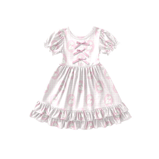 Preorder (moq 5)Baby Girls Pink Checked Rabbits Easter Ruffle Knee Length Dresses