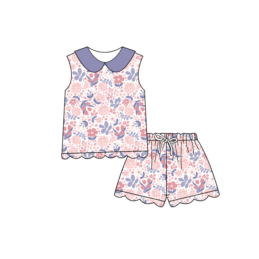 Preorder (moq 5)Baby Girls Colorful Flowers Collar Top Scallop Shorts Clothes Sets