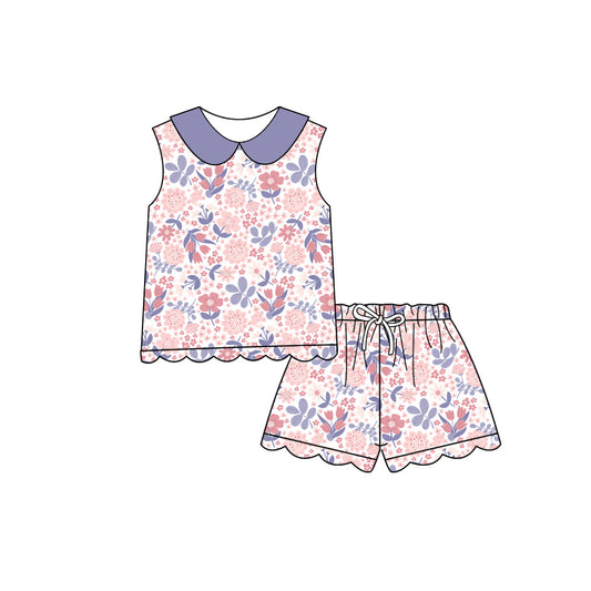 Preorder (moq 5)Baby Girls Colorful Flowers Collar Top Scallop Shorts Clothes Sets