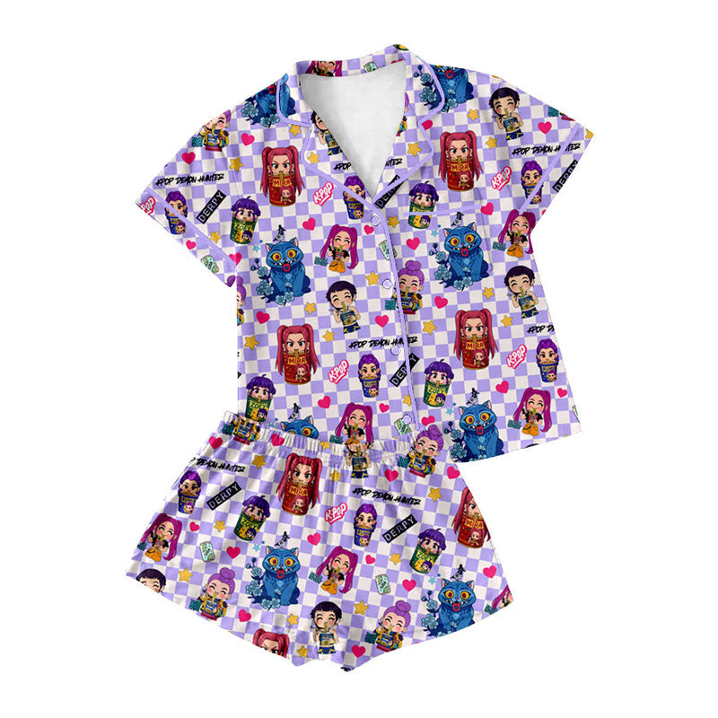 Preorder moq 5 Adult Women Cartoon Girls Hearts Button Pockets Top Shorts Pajamas Sets