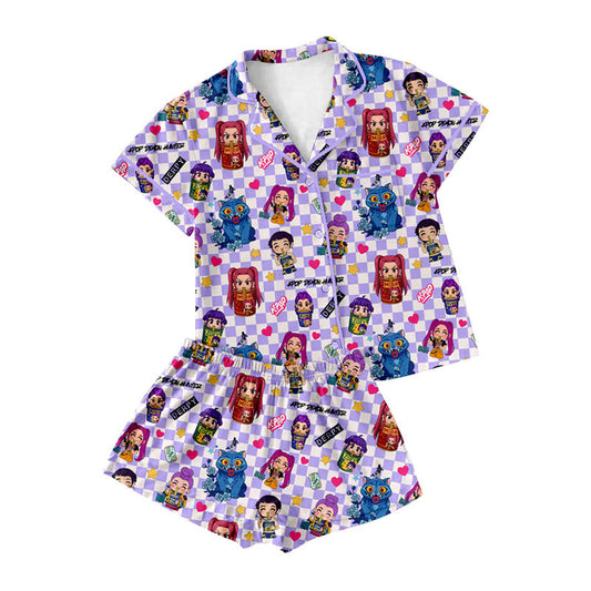 Preorder moq 5 Adult Women Cartoon Girls Hearts Button Pockets Top Shorts Pajamas Sets
