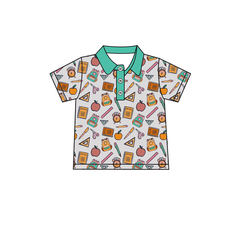 Preorder (moq 5)Baby Boys Short Sleeve Apple Pencils Back to School Button Polo Shirts Top