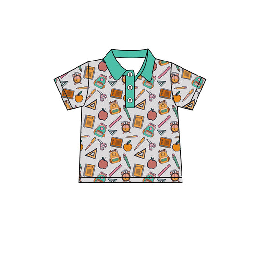 Preorder (moq 5)Baby Boys Short Sleeve Apple Pencils Back to School Button Polo Shirts Top