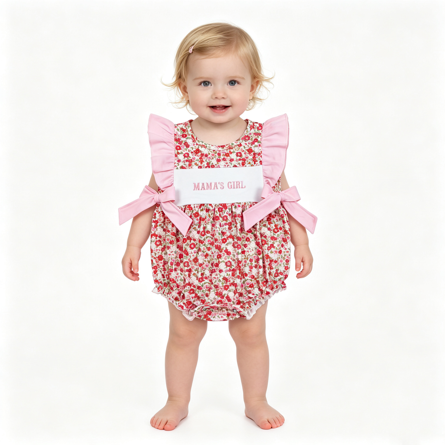 Embroidery Mama's Girls Flutter Sleeve Flowers Bows Ruffle Rompers