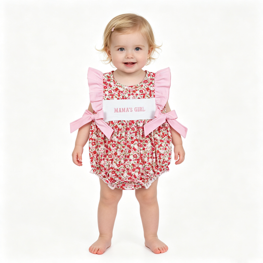 Embroidery Mama's Girls Flutter Sleeve Flowers Bows Ruffle Rompers