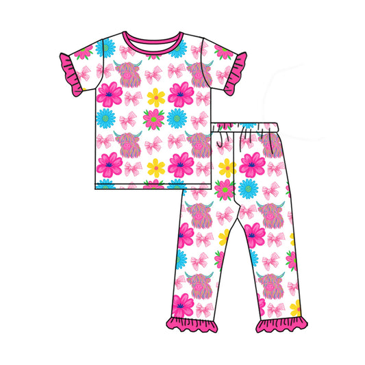 Preorder(moq 5)Baby Girls Highland Cows Flowers Top Ruffle Pants Western Pajamas Sets