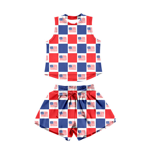 Preorder moq 5 Baby Girls Sleeveless Flags Checked Top Short 4th of July Clothes Sets