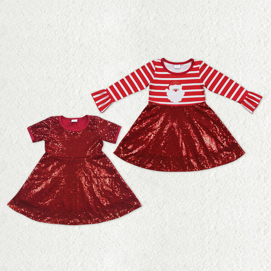 Sibling Baby Girls Christmas Embroidery Santa Sequin Ruffle Knee Length Dresses