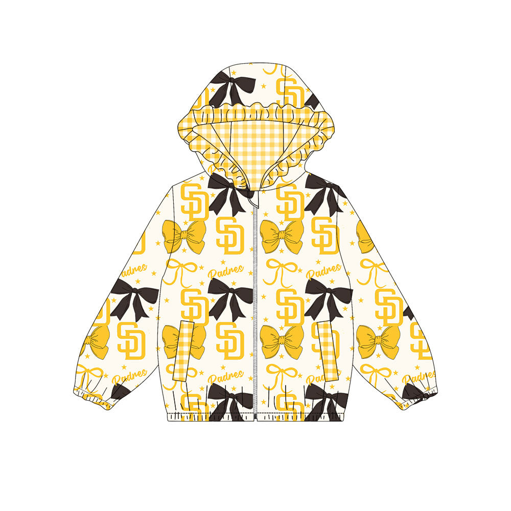Preorder(moq 8)Baby Girls Yellow Black Bows SD Padres Pockets Zipper Team Ruffle Hoodies Jackets