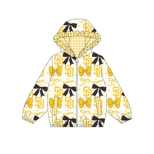 Preorder(moq 8)Baby Girls Yellow Black Bows SD Padres Pockets Zipper Team Ruffle Hoodies Jackets