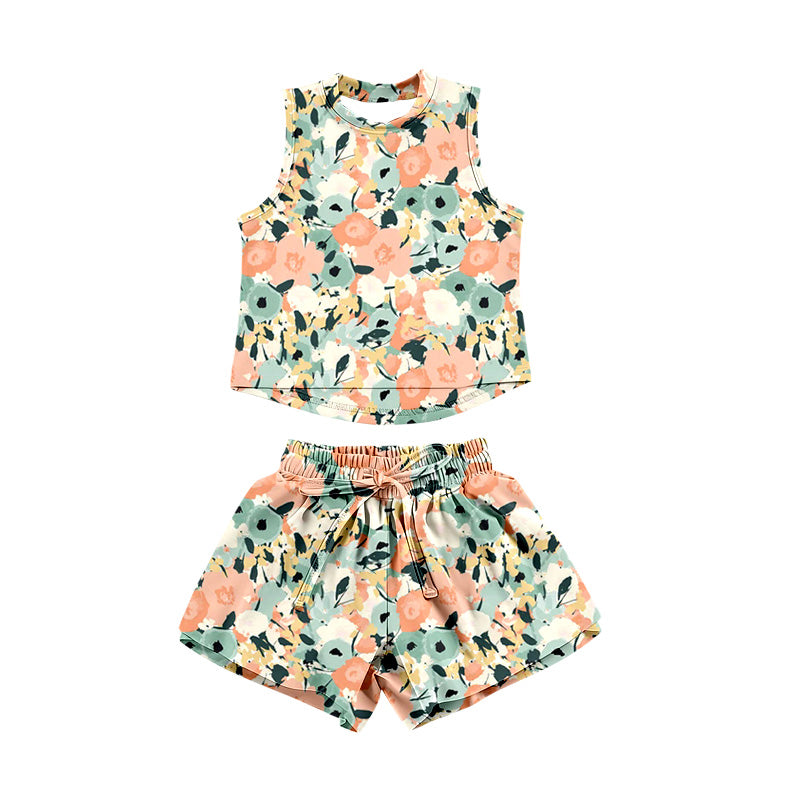 Preorder (moq 5)Baby Girls Sleeveless Colorful Floral Top Shorts Clothes Set