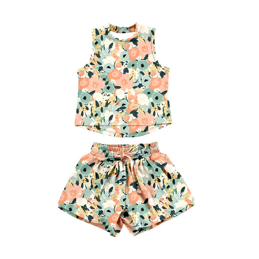 Preorder (moq 5)Baby Girls Sleeveless Colorful Floral Top Shorts Clothes Set