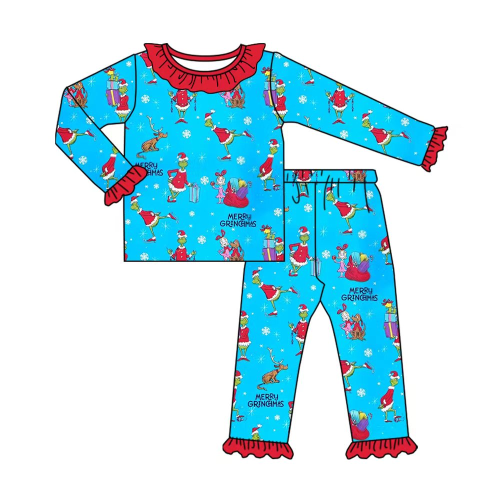 Preorder (moq 20)Baby Girls Bamboo Green Face Snowflake Christmas Ruffle Pajamas Sets