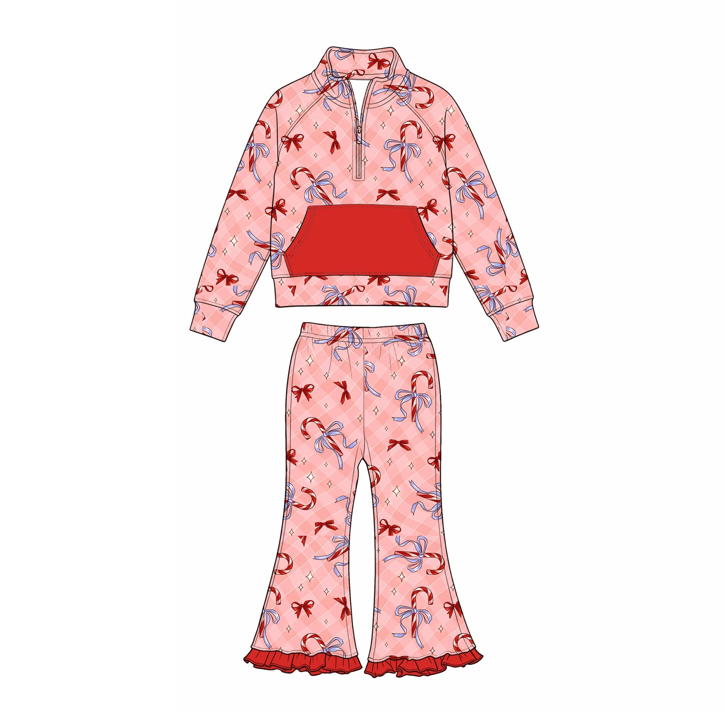 Preorder (moq 5) Baby Girls Candy Cane Bows Zip Pocket Pullovers Bell Bottom Pant Christmas Clothes Sets